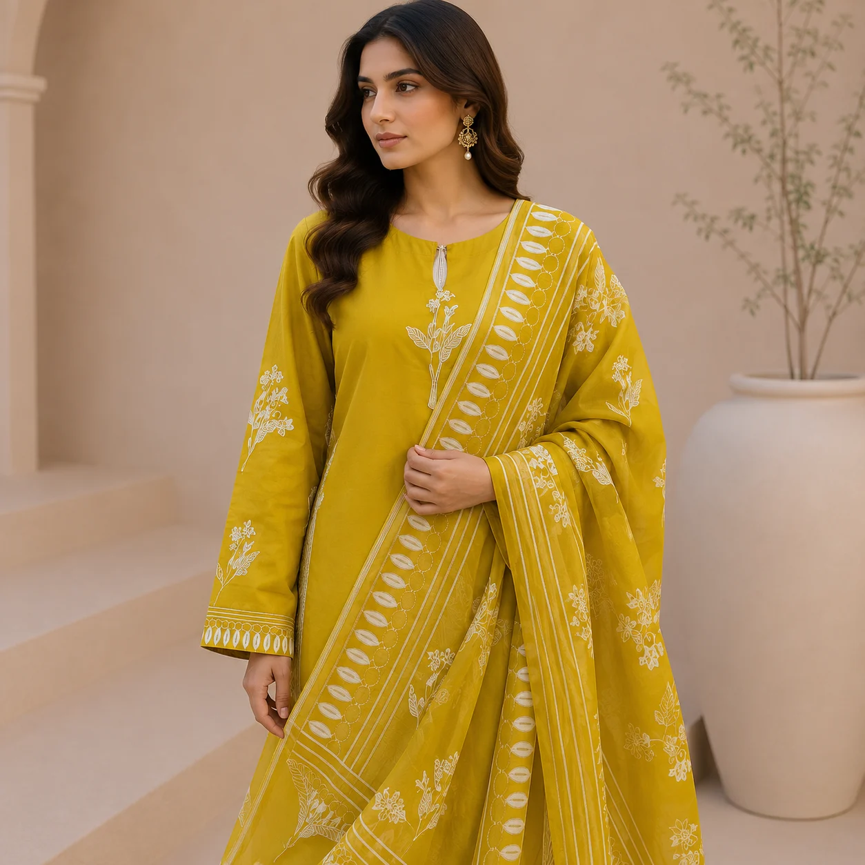 Zaavra Mustard Bloom Embroidered 3-Piece Suit - Image 2