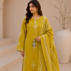 Zaavra Mustard Bloom Embroidered 3-Piece Suit